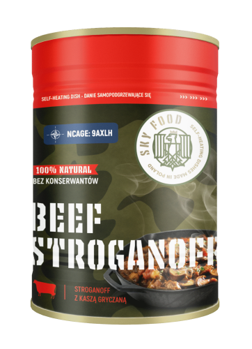 Puszka z samopodgrzewającym się posiłkiem wołowina Beef Stroganoff – gotowe danie turystyczne w praktycznym opakowaniu, idealne na biwak i w podróży www.adolfkudlinski.pl