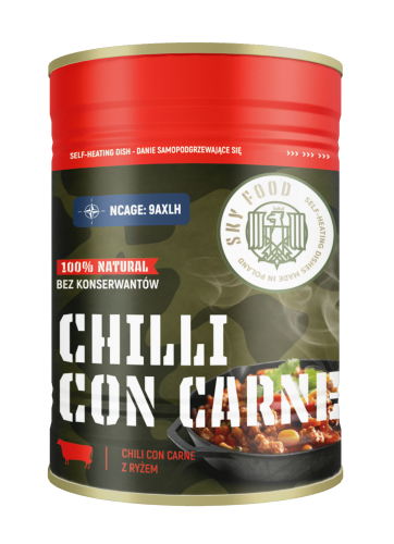 Puszka z samopodgrzewającym się posiłkiem chili con carne - wołowina z ryżem i papryką – gotowe danie turystyczne w praktycznym opakowaniu, idealne na biwak i w podróży www.adolfkudlinski.pl