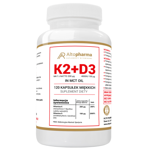 Opakowanie suplementu diety Witamina K2 MK-7 + D3 – 120 kapsułek, zawierającego wysokiej jakości witaminę D3 4000 IU oraz witaminę K2 MK-7. Produkt wspiera zdrowie kości, zębów, układu krążenia i odporność.