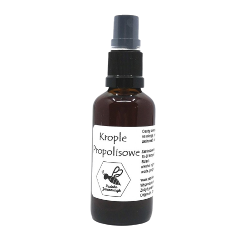 krople propolisowe 50 ml w szklanej buteleczce z ciemnego szkła, wyposażonej w praktyczny atomizer www.adolfkudlinski.pl