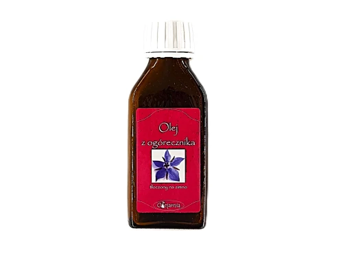 Butelka oleju z ogórecznika tłoczonego na zimno, naturalnego suplementu diety bogatego w kwas gamma-linolenowy GLA. Produkt przeznaczony do wspierania zdrowia skóry, równowagi hormonalnej oraz ogólnej kondycji organizmu